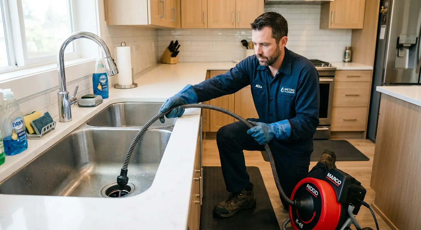 Drain cleaning technician using a motorized snake on a kitchen sink in Lone Tree