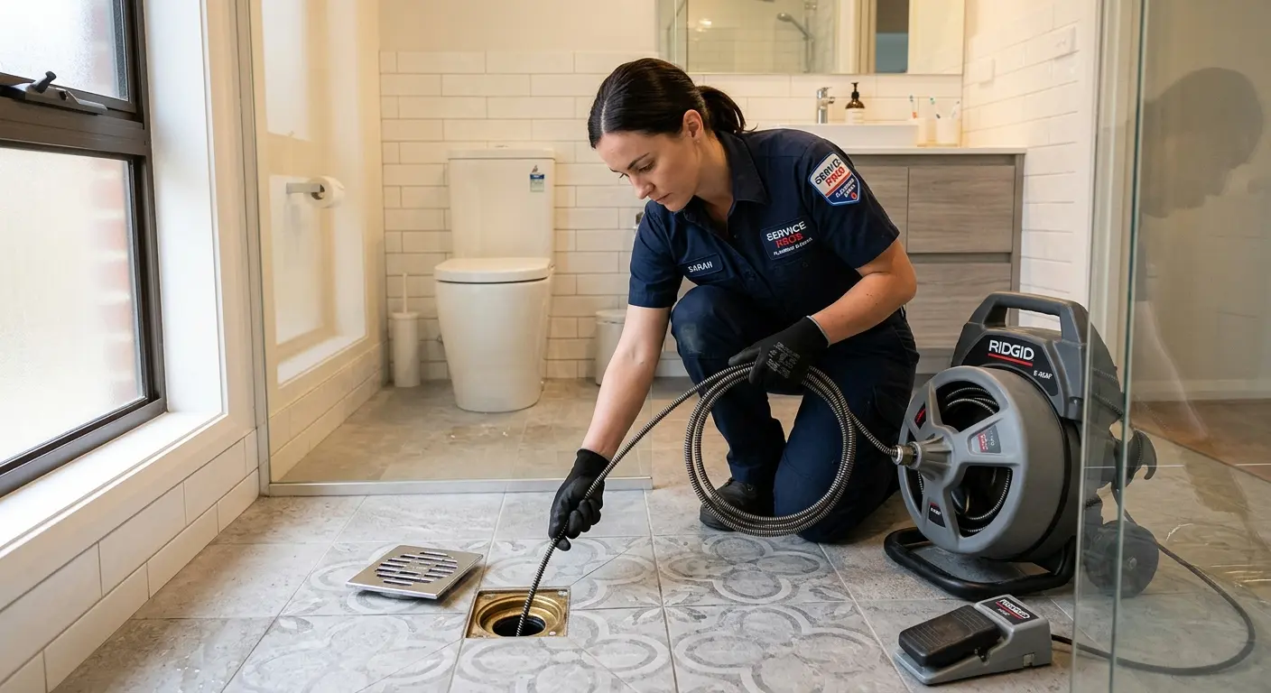 Technician clearing a bathroom floor drain for Drain Repair in Lone Tree